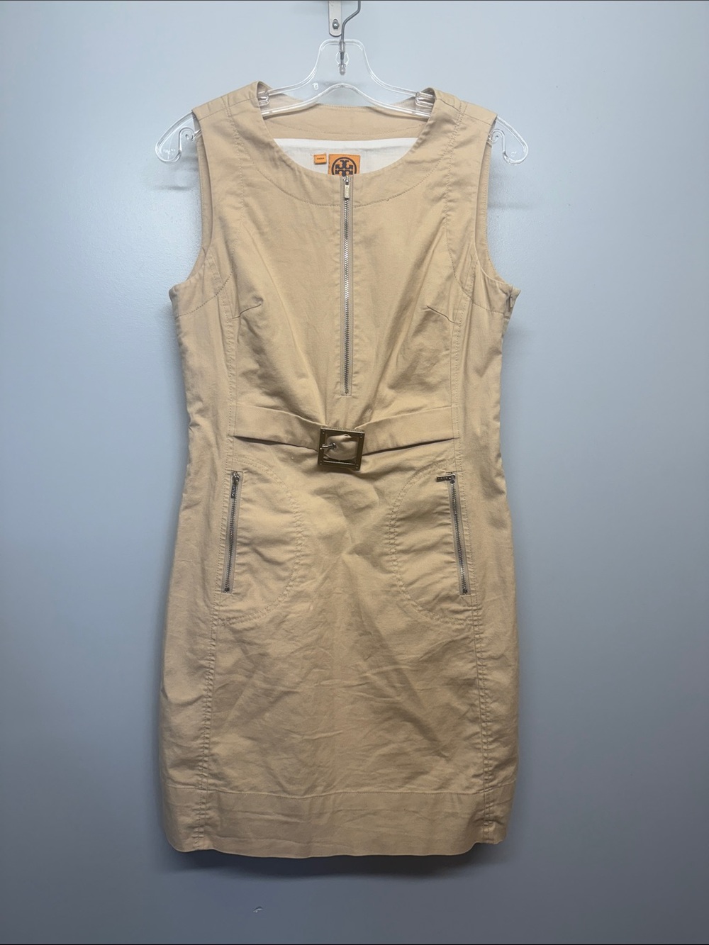 Tory Burch Beige Utility Sheath Zip Pocket Belted Sleeveless Midi Dress